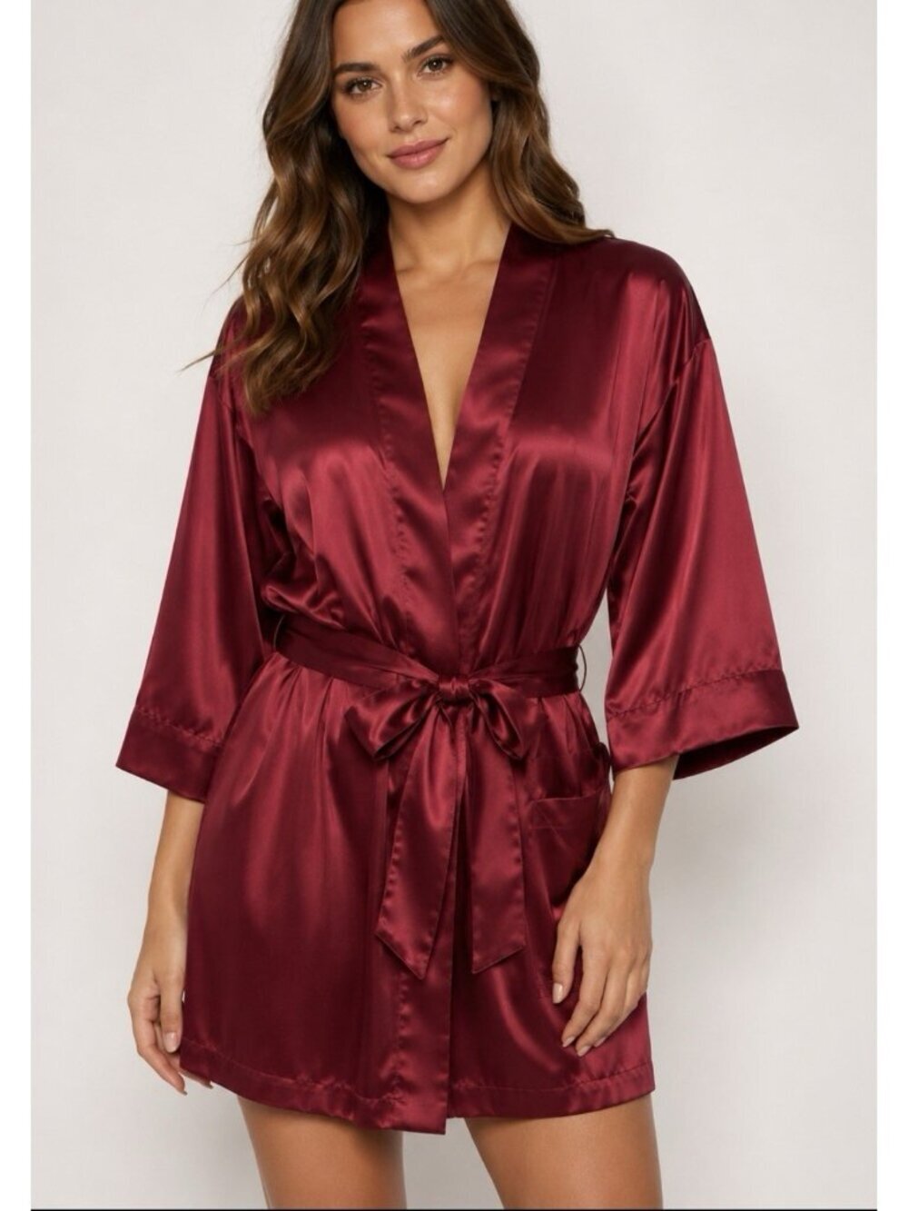 Victoria's Secret Women's Kimono Robe V-Neck Satun Burgundy 3/4 Sleeve Belted
